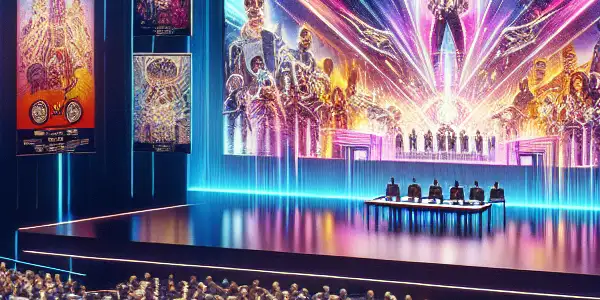 A lively futuristic film festival celebrating Japanese adult films, featuring an engaged audience and vibrant promotional displays.