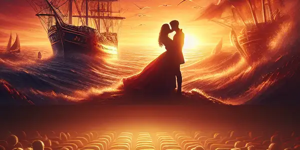 A romantic movie theater scene featuring a couple embracing on a ship at sunset, evoking love and intimacy.