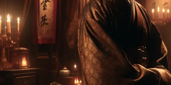 Zhang Zhidong in traditional Qing attire, amidst a richly decorated, dimly lit room with intimate undertones.