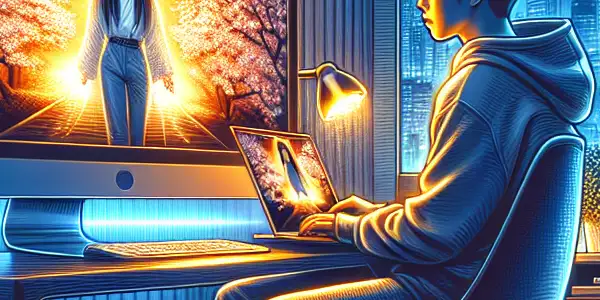 A young adult enjoys Japanese films on a sleek computer in a cozy, tech-savvy home environment.