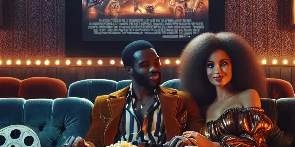 A cozy retro cinema scene with a couple enjoying a classic 1980s adult film, surrounded by vintage decor.