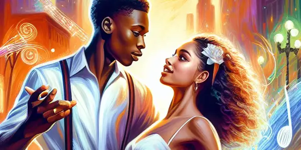 A passionate young couple dances amidst colorful city lights and iconic landmarks in a lively Los Angeles street scene.