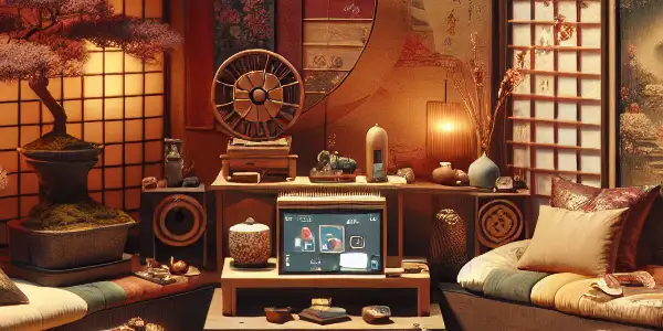 A cozy, dimly lit room with vintage film reels, modern streaming device, and Japanese aesthetic elements.