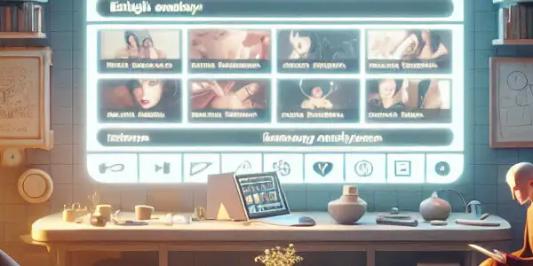 A cozy living room scene depicting a person browsing ethical adult entertainment on a sleek computer.