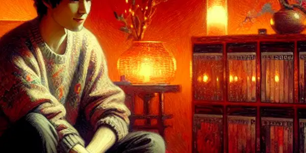 An intimate setting featuring a figure selecting adult films amidst cozy decor and Japanese-inspired artwork.