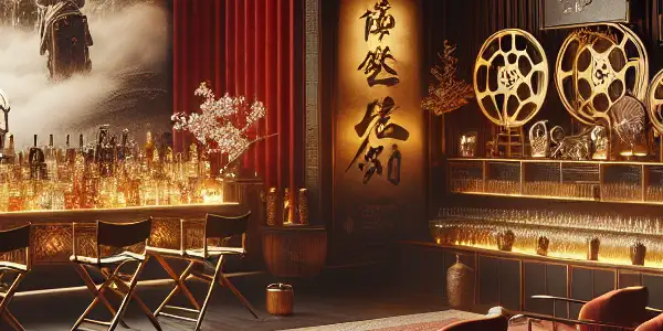 A luxurious, dimly lit room featuring a vintage screen displaying a classic Japanese adult film scene.