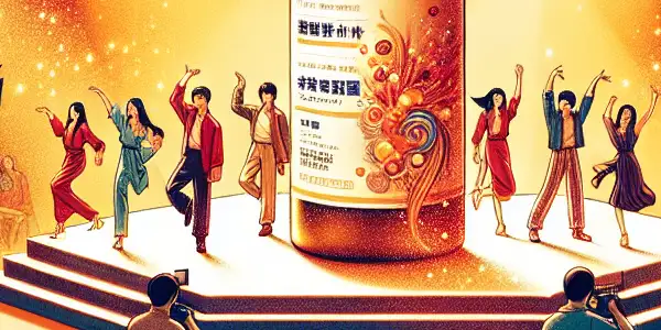 A lively film set showcasing diverse actors performing, with equipment and elements suggesting performance enhancers in Japanese adult videos.