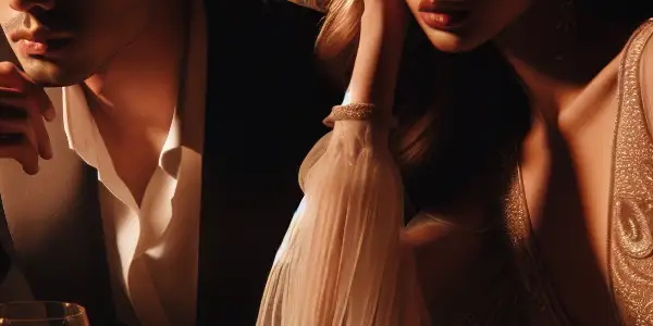 A tense, intimate scene of a man and woman grappling with forbidden love in a dimly lit room.