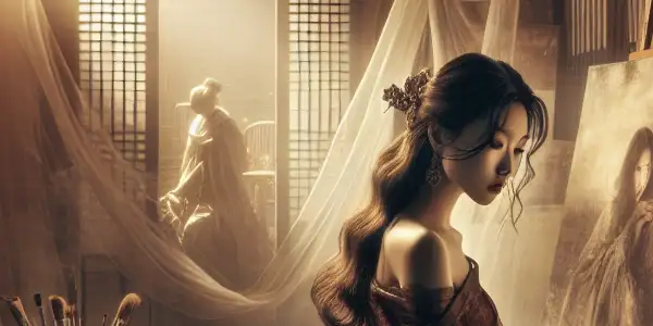 A mysterious woman in sheer fabric poses in a dimly lit artist's studio, surrounded by canvases and traditional Korean architecture.