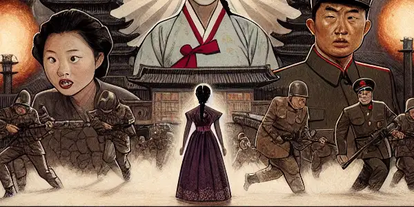 A vintage movie theater scene featuring diverse viewers captivated by a classic North Korean film with adult themes.