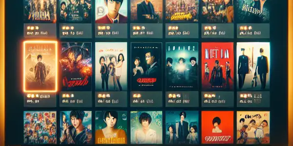 A cozy living room with a high-definition screen showcasing a diverse streaming platform's vibrant film and TV menu.