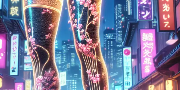 A glamorous fashion model in neon-lit Tokyo, showcasing high-tech, glowing erotic stockings amidst a vibrant nightlife scene.
