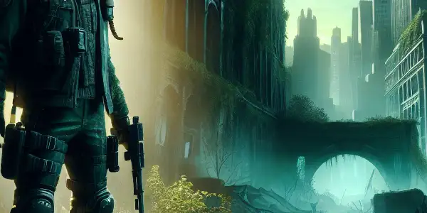 A solitary hero navigates a post-apocalyptic urban landscape overrun by nature, embodying resilience amidst chaos and allure.