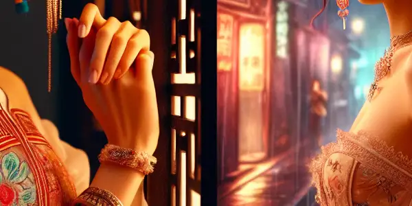 Zhu Yin as Huang Rong in a traditional dress, set against a contrasting urban backdrop with neon lights and intrigue.