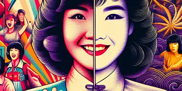 A dynamic movie poster showcasing actress Lee Li-Chun's career duality: youthful charm versus sultry transformation.