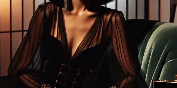 A glamorous actress on a vintage film set, exuding allure with soft lighting and nostalgic decor.