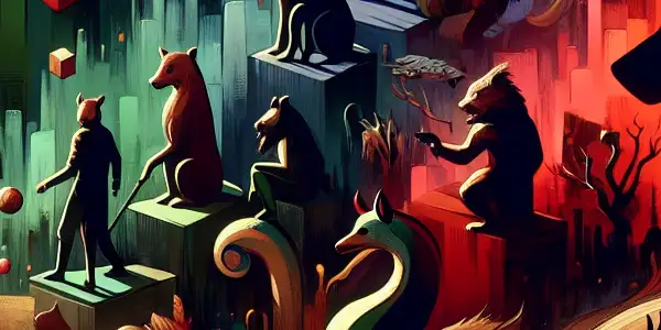A surreal landscape with vibrant, anthropomorphic animals engaged in intense games symbolizing darker human nature.