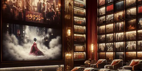A luxurious, intimate room filled with vintage film reels and modern screens showcasing Japanese AV movies.