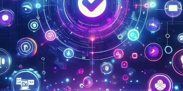 A vibrant digital marketplace scene for adult content, featuring icons, a dashboard, and animated points in a futuristic environment.