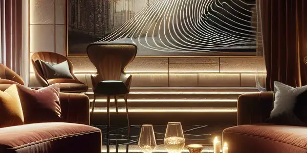 Luxurious private cinema room with plush seating, soft lighting, and an ornate screen showcasing abstract intimacy.