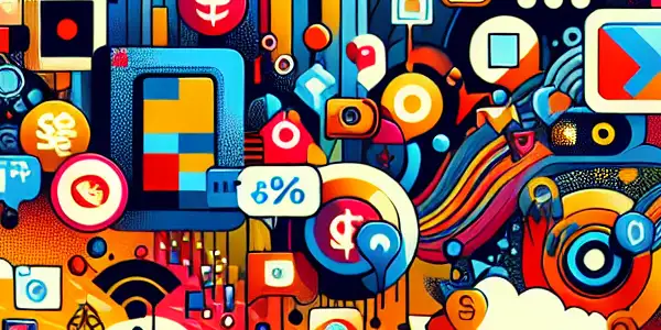 A vibrant digital landscape showcasing playful symbols of adult entertainment discounts and diverse adults engaging with devices.