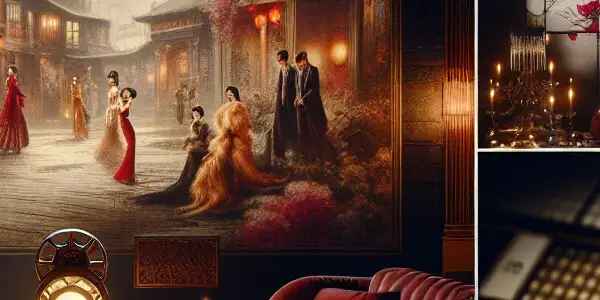 A dimly lit retro room with vintage furnishings, featuring a film projector and screens displaying intimate scenes.