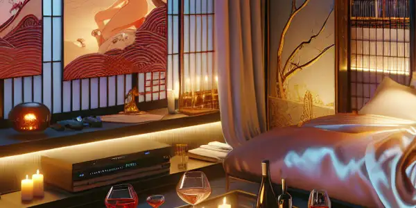 A cozy, intimate room for adult entertainment with plush furnishings, ambient lighting, and Japanese cultural elements.