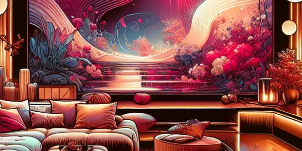 A cozy living room with a large screen displaying abstract art, inviting relaxation and intimacy for adult film viewing.