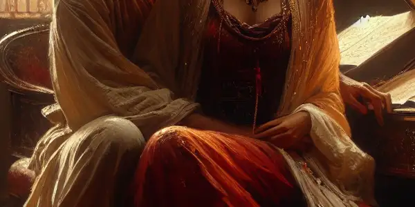 A passionate and tense moment between two characters in a lavish room, reflecting desire and emotional conflict.