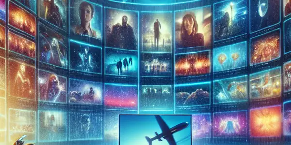 A cozy living room scene with an individual watching films on a large screen, surrounded by colorful movie thumbnails.